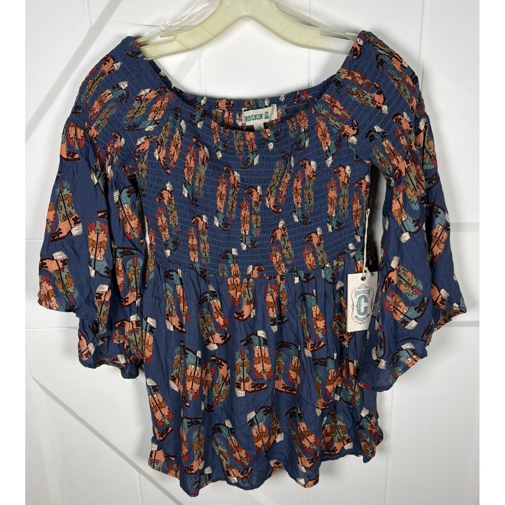 Rockin C S Western Ruffle Sleeve Smocked Boho Blouse Multicolor Cowgirl Rodeo